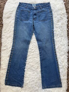 Y2K vtg low rise bootcut flare grommet jeans patch pockets bareback size 6-8